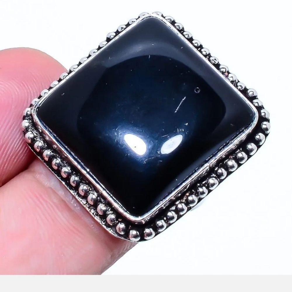 Sterling Silver handmade large square genuine onyx boho ring sz 7.5